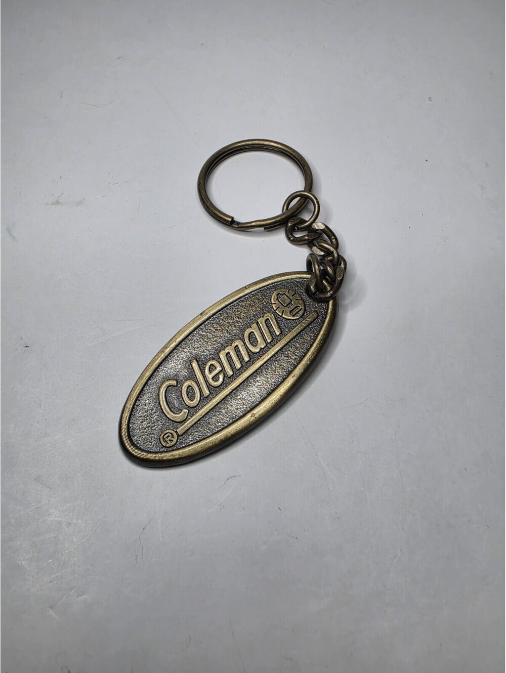 Vintage COLEMAN Brass Keychain Oval Lantern Logo Camping Advertising Keyring